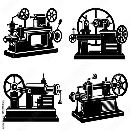 Four vintage lathe machines in black and white showcasing industrial mechanical designs and engineering icons
