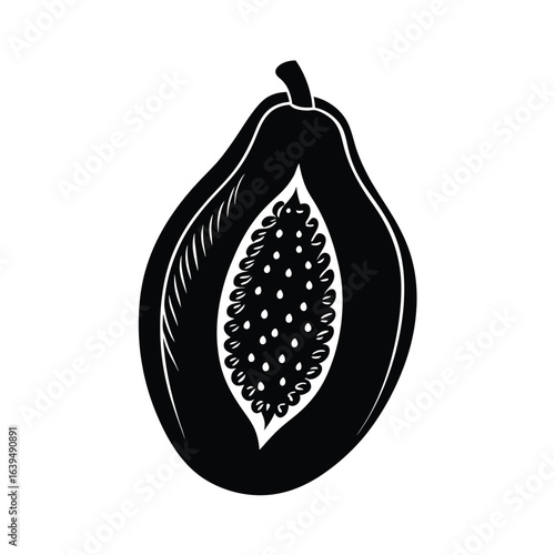 Papaya Fruit With Slice Vector Silhouette On White Background
