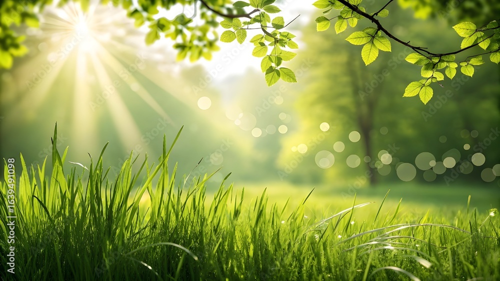 Fototapeta premium Fresh Green Grass and Sunlight in a Peaceful Spring Meadow