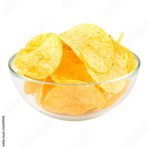 Potato Chips in Transparent Glass Bowl, PNG Isolated”
