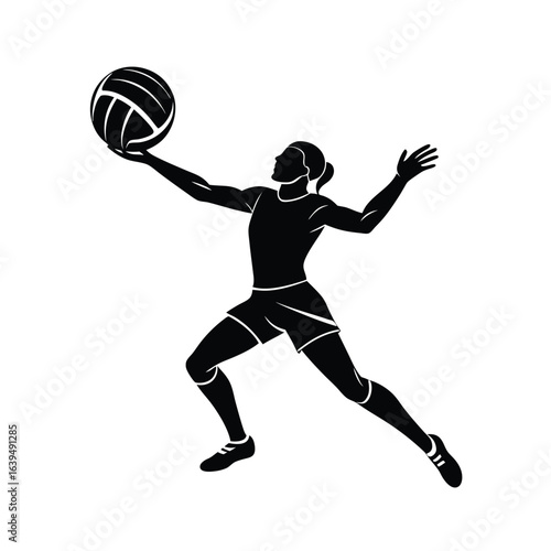 Volleyball With Player Jumping Vector Silhouette On White Background