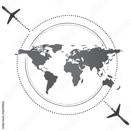 Global travel concept with a silhouette of the world map inside a circular frame and airplanes showing international flight routes. A vector graphic for tourism and transportation.