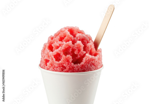 Red shaved ice in a cup with a wooden spoon isolated on transparent background