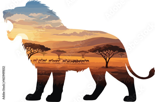 Double exposure silhouette of a roaring lion with an African savanna landscape. Vector art of wildlife at sunset with acacia trees and a herd of antelope.