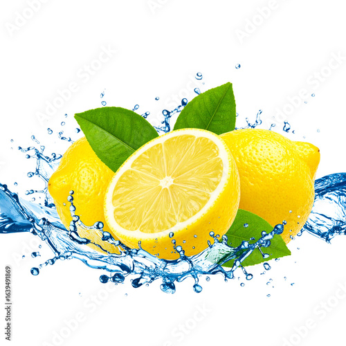 n Lemons with Leaves in a Water Splash, isolatearent background. 