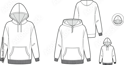 Hoodie sweatshirt vector template, front and back view, zip up design, casual clothing fashion, garment illustration, apparel mockup, sewing pattern, unisex wear