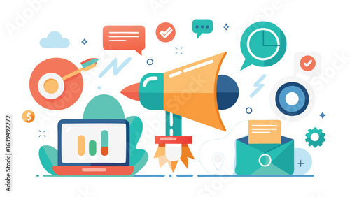 Illustration showing a path to achieving goals with targets and various business elements shown