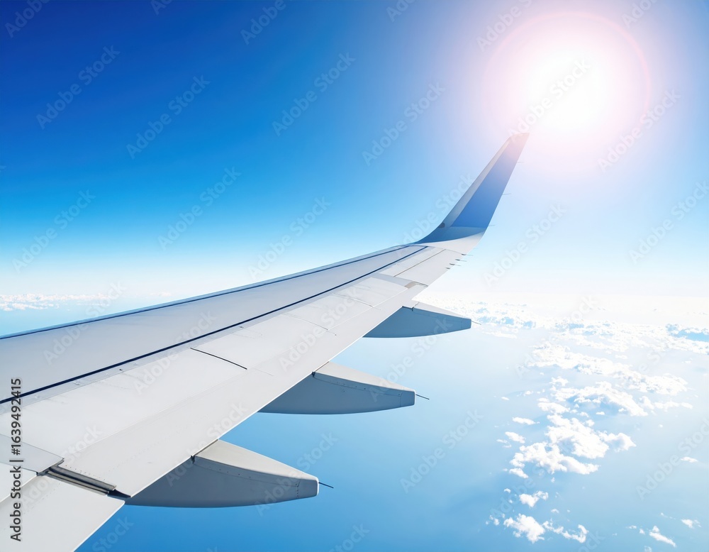 Obraz premium Airplane Wing Over Clouds On Sunny Day