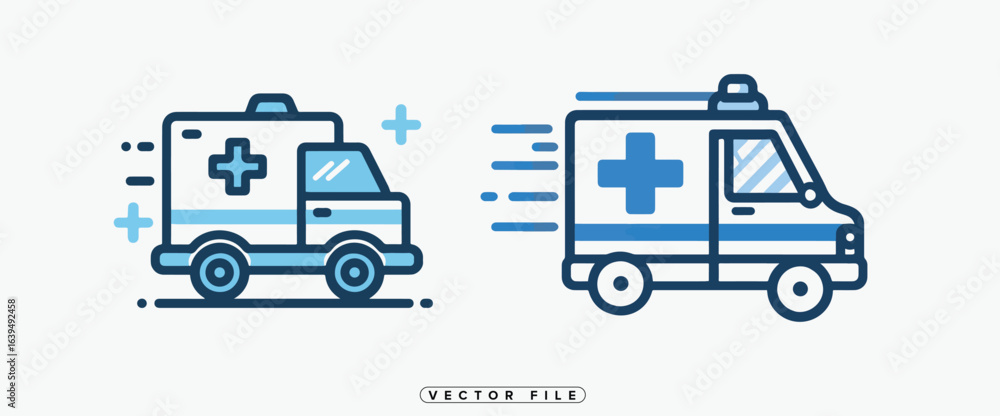 Simple blue ambulance icons set with medical cross symbol on white background