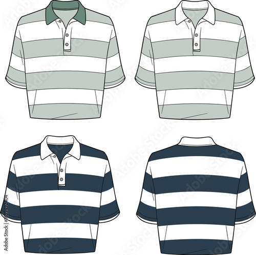 Men’s rugby polo shirt front and back view, striped short sleeve shirt template, classic collar fashion design, casual sportswear mockup illustration