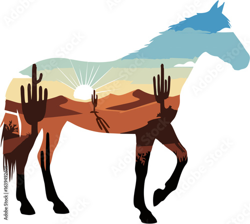 Horse silhouette with a double exposure effect of a vibrant desert landscape at sunset, a conceptual vector illustration.