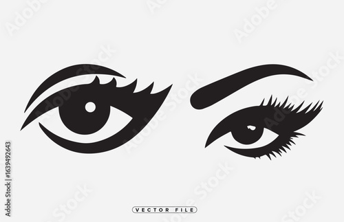 Vector illustration of four stylized female eyes with dramatic eyelashes and eyebrows