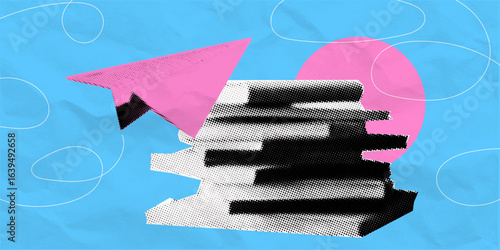 Pink paper plane and stack of books pop art halftone collage