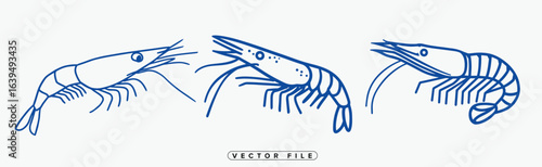 Collection of hand drawn blue shrimp illustrations on white background vector graphics