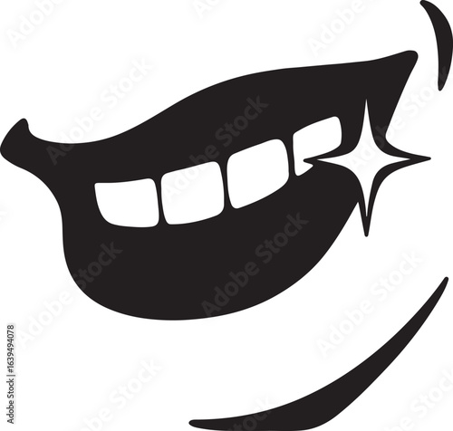 Sideways smirk with shiny teeth silhouette vector icon for playful expression, confidence, and style design.