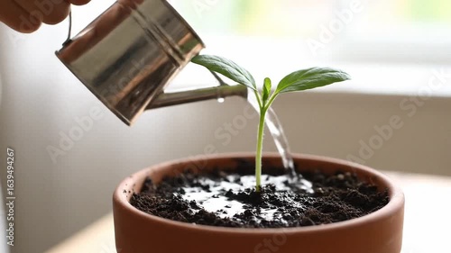 A seedling is being watered from a miniature metal watering can in a terracotta pot against a blurry background