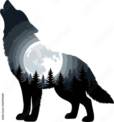 Howling wolf silhouette with a double exposure effect of a moonlit pine forest. Vector graphic for wildlife and nature themes.