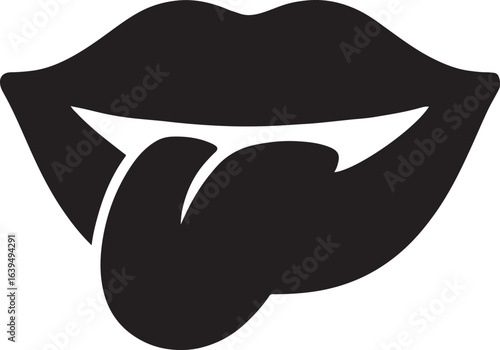 Tongue inside smiling lips silhouette vector icon for expression, fun, beauty, and playful mouth design concepts.