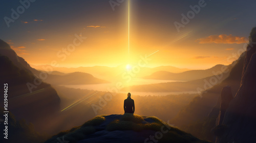 Back view of a serene, enlightened figure meditating on a lonely hilltop, radiant beams of heavenly light merging with his body, neon-glow mist and golden sunlight drifting around, ethereal energy