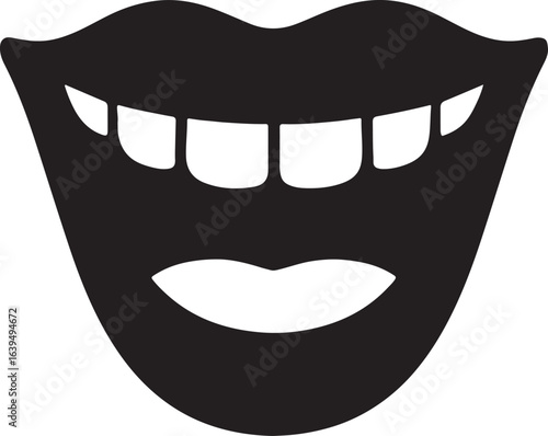 Laughing open lips with upper teeth silhouette vector icon for joyful expression, happiness, and smile design.