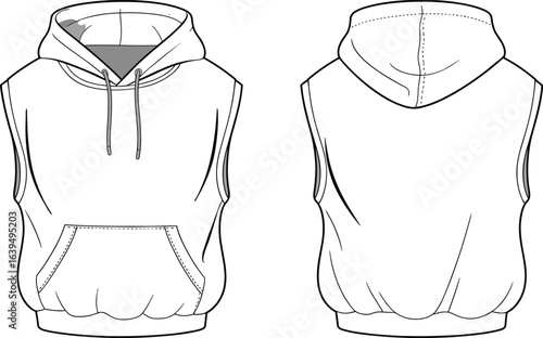 Sleeveless hoodie sweatshirt vector template, front and back view, casual clothing fashion, garment illustration, apparel mockup, sewing pattern, sportswear design, unisex wear