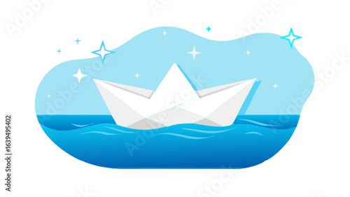 Paper boat floating on water illustration vector graphic design for children origami ship sailing concept art