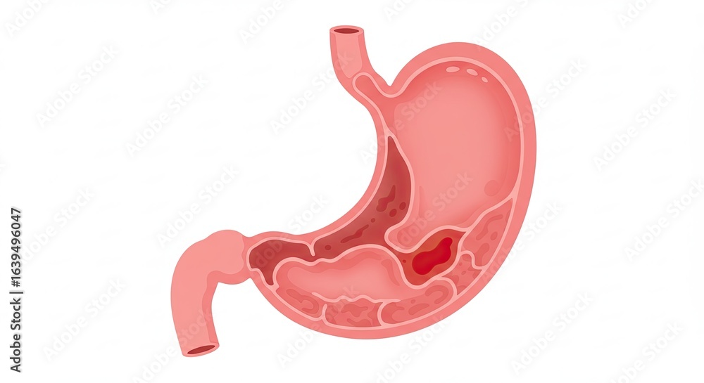 Anatomical Pink Stomach Illustration with Red Ulcer on White Background Anatomical Pink Stomach Illustration with Red Ulcer on White Background