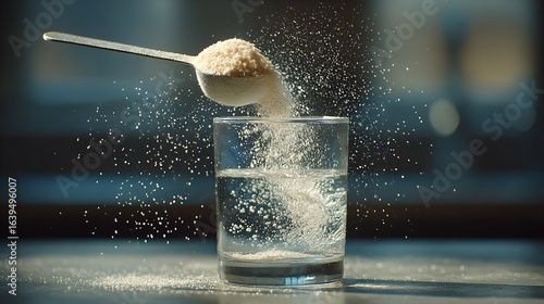 水に溶ける砂糖のスプーンとグラス