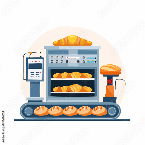 パン菓子製造工場のパンやクロワッサン生産ラインイラスト