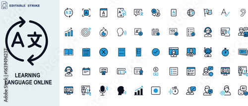 Online Language Learning Icon Set – Stylized Symbols for E-Learning, Translation, Communication, and Educational Tools