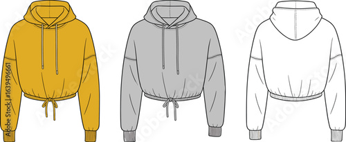 Women’s cropped hoodie front, back, and side view, drawstring sweatshirt fashion template, casual streetwear pullover mockup, garment flat sketch design illustration