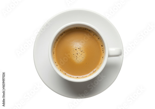 Top view of a cup of coffee with milk on a saucer isolated on transparent background