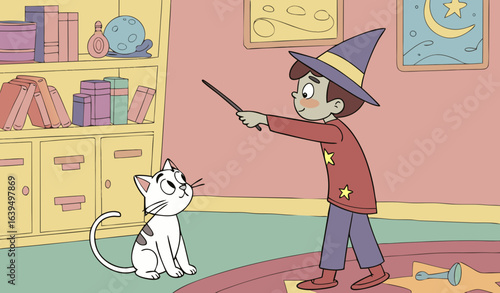 A boy wearing a wizard hat pretends to perform a magic trick on a cat in a playful, colorful children's room. Shelves, toys, and drawings decorate the background. Vector illustration     