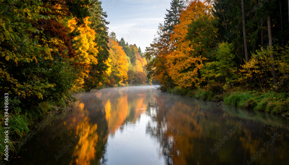 Obraz premium Autumn River Reflection with Misty Forest.