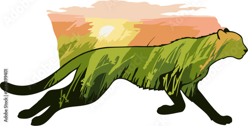Cheetah silhouette with a double exposure of savanna grass, running against an African sunset landscape. Vector wildlife art.