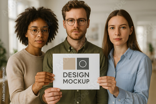 Diverse team holding design mockup in office
