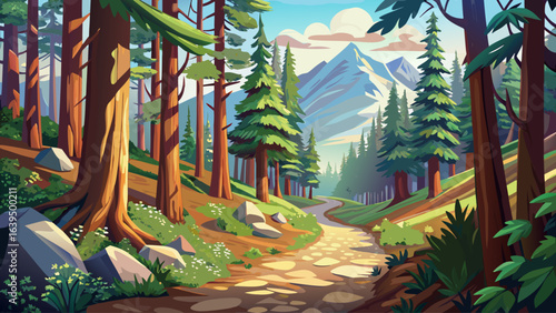 A picture of a Pacific Northwest forest trail, winding beneath towering evergreens, sunlight streaming through moss-covered branches, guiding footsteps past ferns, wildflowers, and the tranquil whispe