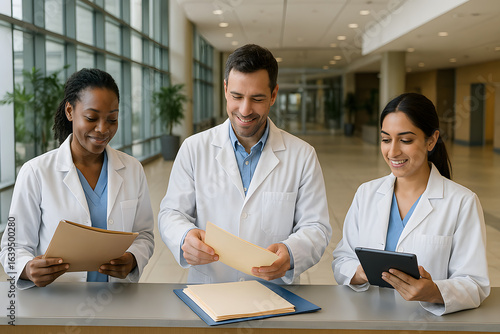 Group of medical professionals standing together with tablets in hospital corridor