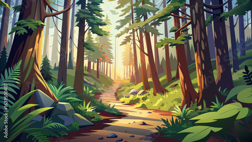 A picture of a Pacific Northwest forest trail, winding beneath towering evergreens, sunlight streaming through moss-covered branches, guiding footsteps past ferns, wildflowers, and the tranquil whispe