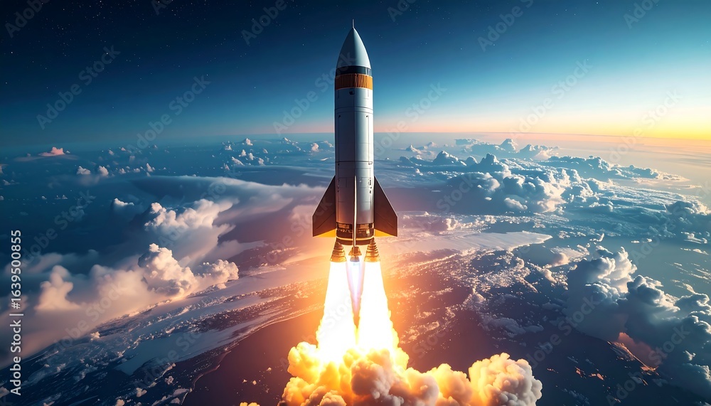 Fototapeta premium Rocket soars above Earth's clouds, engines blazing, towards the starry expanse of space.