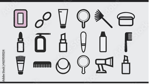 Illustration showing a collection of beauty and personal care items arranged in a grid pattern design |  editable eps vectors silhouette