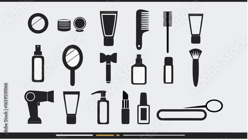 Illustration of various beauty and grooming items including mirrors, tubes, and hair styling tools |  editable eps vectors silhouette