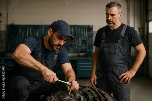 Mechanics repairing vehicle in workshop