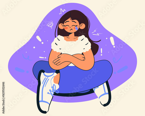 Upset girl sits with crossed arms. Offended woman cries from hurt or insult. Isolated vector illustration.