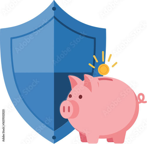 Financial security and savings protection concept, featuring a piggy bank with a gold coin being protected by a large blue shield
