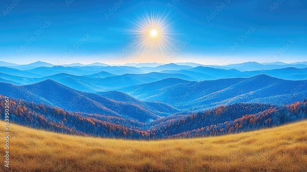 Fototapeta premium Sunlit Layered Mountains & Golden Meadow, Natural Landscape Decoration & Background Material