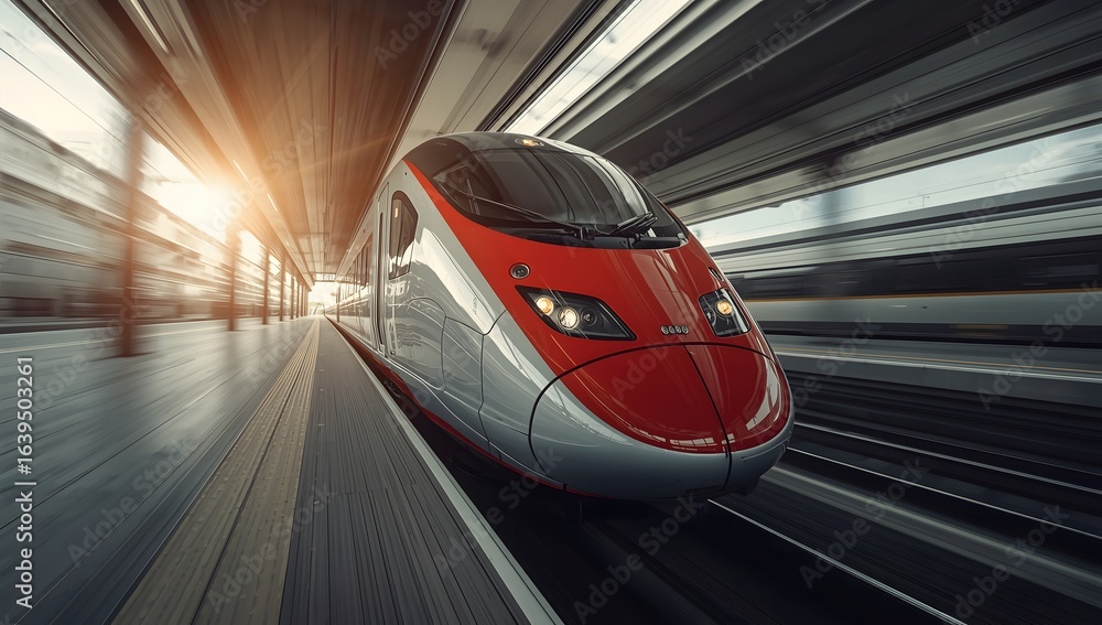 Fototapeta premium High-Speed Train Arriving at a Station with Motion Blur