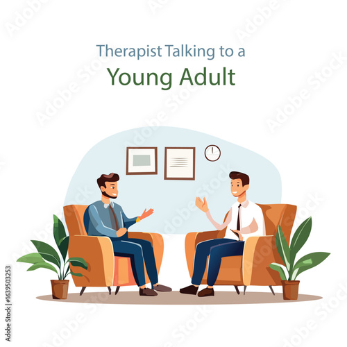 A therapist talking to a young adult in a cozy therapy room, natural light, warm tones, emphasizing mental wellness, empathy, and trust in therapy