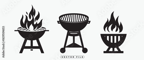 Black barbecue grill icons with flames vector illustration set for outdoor cooking