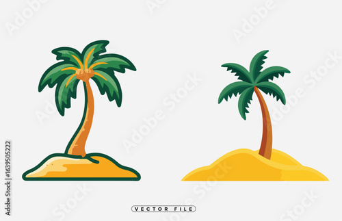 Vector illustrations of palm trees on sandy islands in various styles
